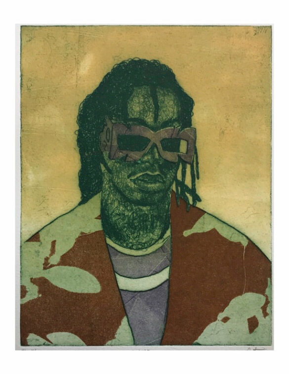 A print by Adrian Armstrong from his "Portrait" series. A young black man wears oversized brown glasses which obscure his eyes. He also wears a purple shirt covered by a brown blazer with large white floral patterns on it. The image is tinted yellow.