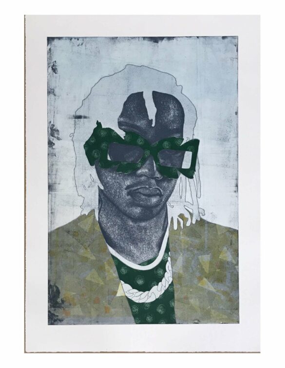 A print by Adrian Armstrong from his "Portrait" series. A young black man wears oversized glasses which obscure his eyes. He also wears a green shirt covered by a yellow blazer with small triangles on it. The figure's hair is outlined but not filled in and the background is white.