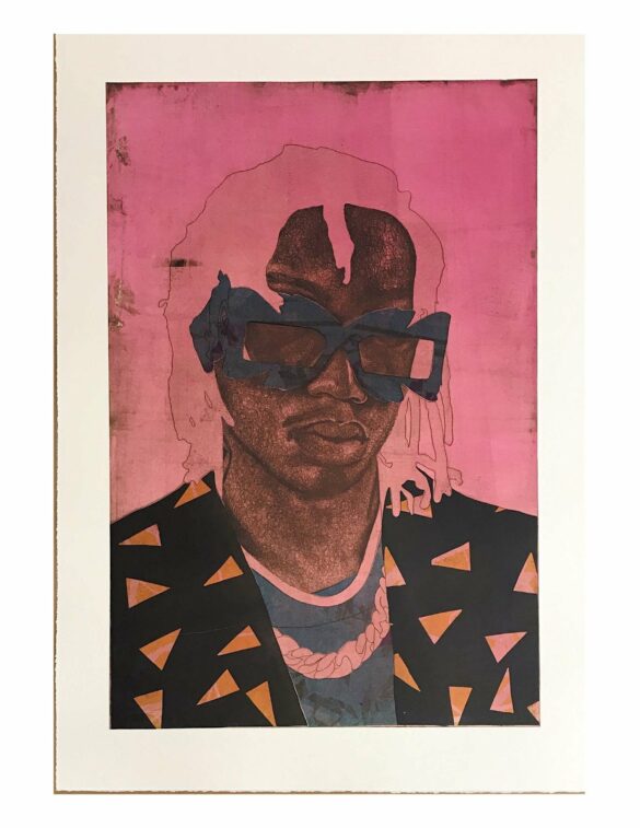 A print by Adrian Armstrong from his "Portrait" series. A young black man wears oversized glasses which obscure his eyes. He also wears a blue shirt covered by a black blazer with small triangles on it. The image is tinted pink with a pink background.