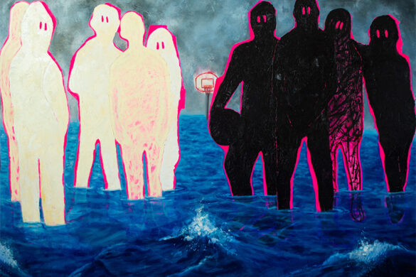 A painting by Alexis Hunter. The painting shows two groups of figures standing in calf-high water. In the background is a grayish sky and at the horizon is a basketball hoop. The figures are painted in loosely defined manner with almost no details present. The group on the left is painted white with pink outlines and three of the figures have pink vertical lines in the place of eyes. The group on the right is painted black with pink outlines and all four of the figures have pink vertical lines in place of eyes.