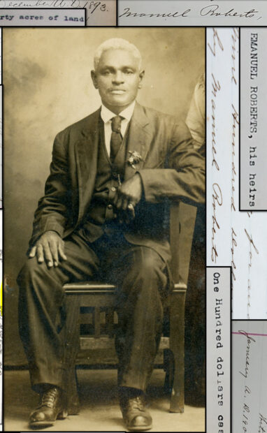 An old family photograph of an African American man wearing a suit and seated in a chair. It appears there is a woman standing next to him but she has been mostly cropped from the image. Typed and handwritten text surround the image.