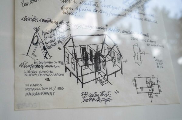 Detail of a drawing of a home with personal notes and questions written in the margins..