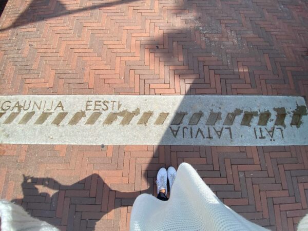 Demarcation in the sidewalk of the Estonia and Latvia border