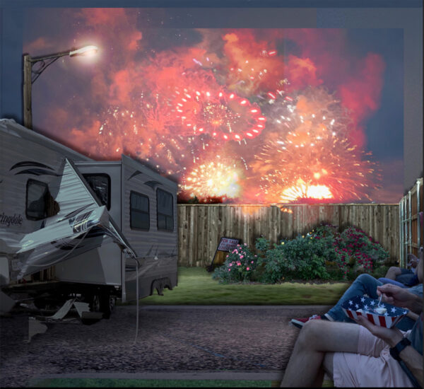 A painting of July 4th celebrations with colorful fireworks in the sky, and a cropped view of a seated couple's legs on the right side of the painting.
