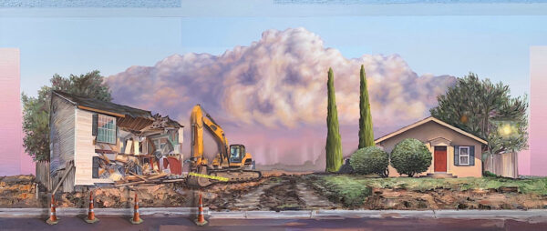 A landscape with two houses. One house on the left of the painting is still under construction, while the other on the right is finished out. A large billow of pink clouds looks like it will envelope both homes from behind.