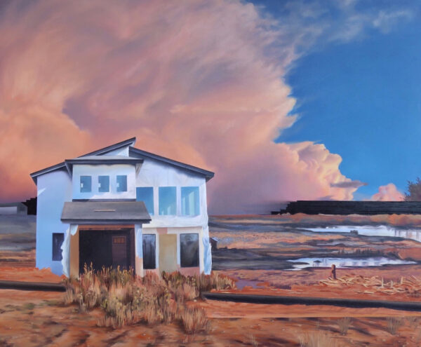 A painting of a white house in the west Texas landscape of deep purples, browns, pink clouds and a blue sky
