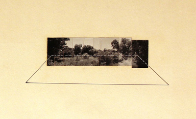 Image of a photographic work by Bill Hutson with a collaged landscape in the background and a drawn rectangle protruding from the image.