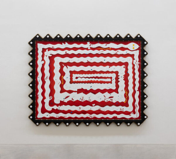 Photo of a rectangular painting with a red backdrop and a white snake coiled up in the same rectangular shape