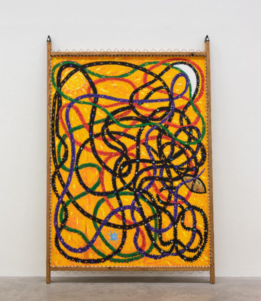 Image of a work that has a yellow back drop and multicolored squiggly patterns