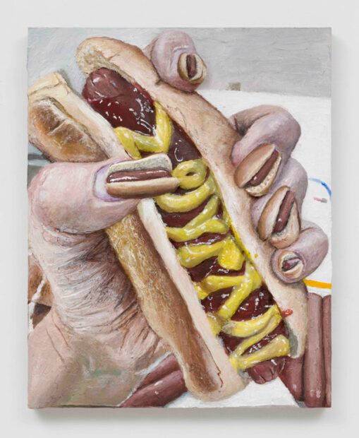 A painting of a hand, with hot dogs in buns for nails. The hand is holding a hot dog in a bun that is covered in mustard.