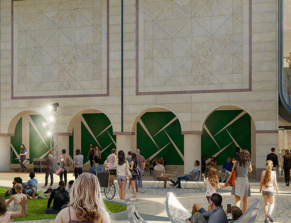 A digital rendering of a mural designed by Carmen Herrera for the Blanton Museum. The mural consists of large green squares each with thin white triangles extending from the corners of the square toward the middle creating a smaller, inner square. The mural is situated behind archways.