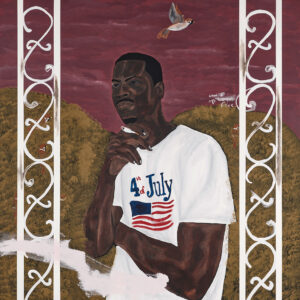 A painting by Jammie Holmes.  The artwork depicts a black man wearing a white 4th of July shirt.  The man has his arms crossed in front of him and holds a cigarette in one hand as he gazes into the distance.  It appears to be standing outside on a porch and is flanked by two decorative white metal posts with "S" shaped designs flowing over them.  Behind him is a rolling grassy area and an eerie purple sky.  There are brown birds sitting on the metal poles and one is flying overhead.  A small white text is painted to the right of the figure and reads, "What if we released."