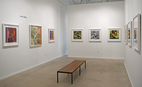 View of the installation at Photos Do Not Bend Gallery. Photo shows a row of framed works hanging on a white wall.