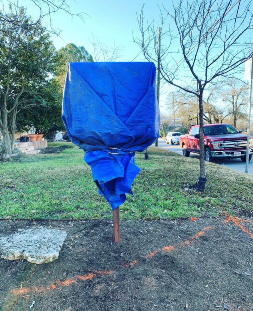 Image of a blue tarp wrapped around one of the boxes of Austin's Really Small Museum