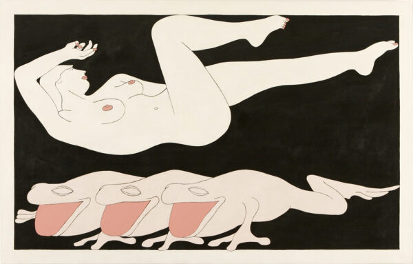 A painting by John Wesley. The painting is of a nude woman, laying on her back with one leg pulled towards her at a 90 degree angle and the other outstretched. Her face looks away with her right arm raised and resting on her head. Below the female figure are three identical, overlapping frogs with their mouths open. The figures are mostly white with simple black lines defining their shapes. Pops of pastel pink show up as the frogs opened mouths and the woman's finger and toe nails, lips, and nipples. The figures are set on a black background.