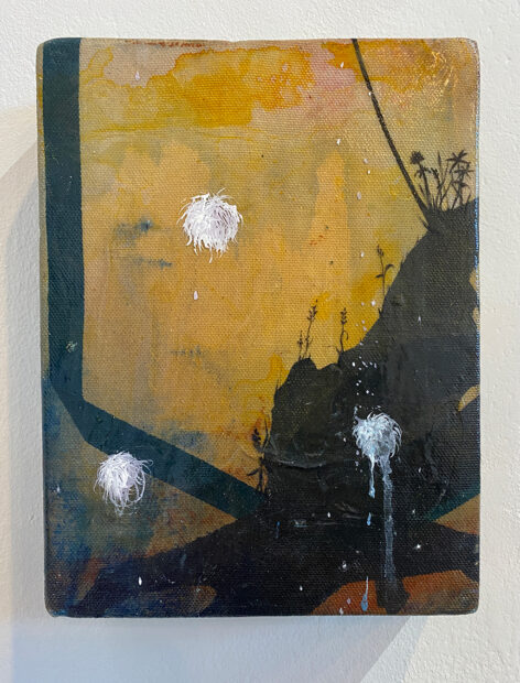 A small painting by Julon Pinkston. This work has a yellow ochre or golden hue in the background. The middle ground depicts darkened silhouettes of abstracted shapes and small plant life. In the foreground are three small white fluffs that resemble seedpods floating in the air. 