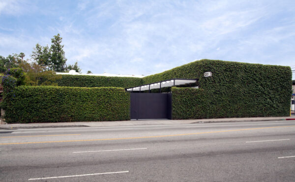 A photograph of a building covered in green ivy.