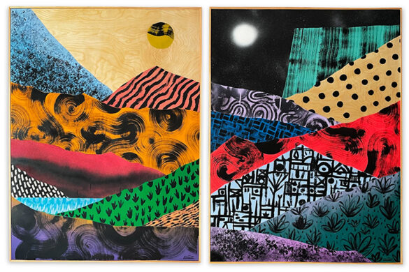 A diptych by Kevin Muñoz. The image on the left resembles a day time scene with a yellow circle painted in the top right and the sky of the landscape remains unpainted revealing the light wood panel. The landscape resembles mountains and in constructed with various layers of paint, each using different colors and patterns. The image on the right is a continuation of the same landscape, however the sky is painted black and a moon is painted white in the top left corner.