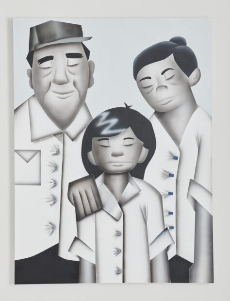 A painting by Loc Huynh. The painting depicts three people standing together. Each person has their eyes closed and wears a white button-up shirt and black pants. 