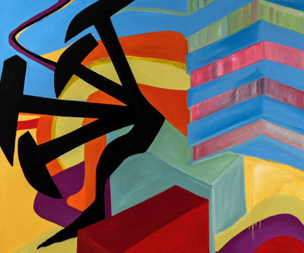 A large-scale abstract painting by Marian Ichaso Lefeld. The painting has vivid colors of blue, pink, green, yellow, orange, red, and purple. A large black irregular shape takes over nearly half of the left side of the painting.
