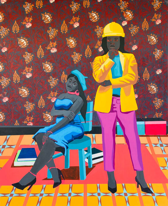 A painting by Tafadzwa Tega. The large-scale painting is of two Black women standing in front of an ornately patterned wall and a floor with geometric patterns. The woman on the left is seated on a blue chair and wears a strapless blue dress and a blue beret. The woman on the right stands with one arm across her body and the other raised so that her hand rests under her chin. She wears a yellow hat, a yellow blazer over a blue top, and pink dress pants.