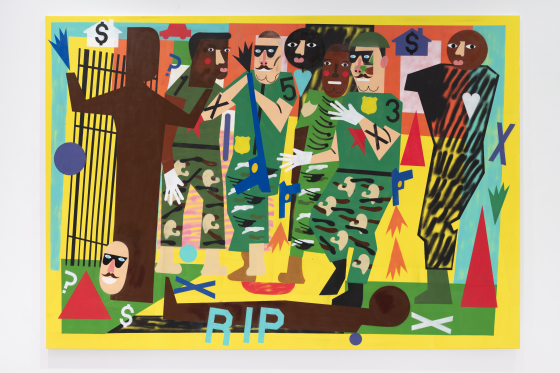 A painting by Nina Chanel Abney. The work is bright and colorful and made from simple shapes and forms, but the subject matter is heavy. The painting depicts four men (2 white and 2 Black) who are dressed in green shirts with gold badges and green camouflage pants. The men are armed with bright blue guns each of which has been discharged, although none of their hands are on their weapons in the moment. These men face a Black figure holding his hands up. At their feet is another Black figure laying on the ground with the bright blue text, "RIP" over his lower body. In the background are houses with "$" symbols on them and two onlookers who are both Black and have heart symbols on their chests. 