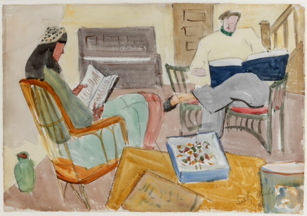 A painting depicting two people sitting in chairs, reading. The painting is very stylized.