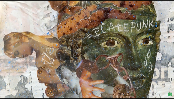 Detail of an artwork, featuring a human face that is green, along with other collage materials that are different images of body parts.