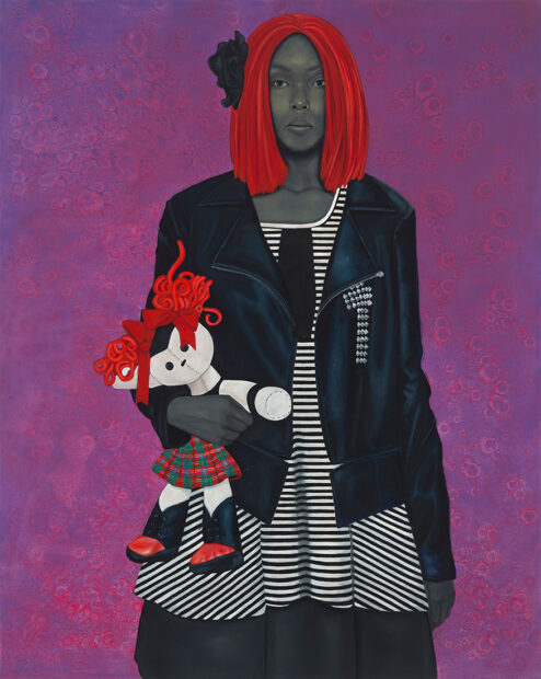 A painting by Amy Sherald. A Black woman is painted in gray tones, she looks past the viewer into the distance. She has shoulder length, bright red, straight hair with a black flower in it. She wears a striped "A-line" dress and a black leather jacket that has a cross design made from metal studs. The figure holds a doll against herself. The doll has red curly hair and two red bows. The doll wears a plaid green and red skirt, black shirt, and black and red boots. The figure is set against a purple background.