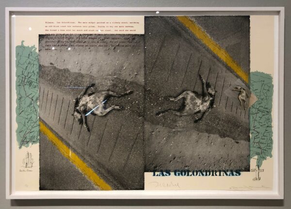 Image of a work by Terry Allen with text along the top above two images of road kill