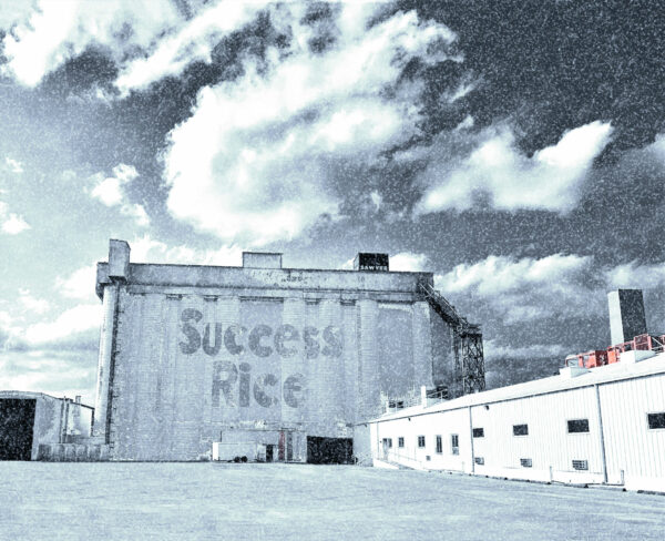 A blurry, stylized photograph of a Success Rice grain silo building.