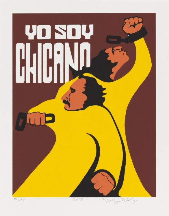 A screenprinted image by Malaquias Montoya. The work depicts two people wearing yellow clothes. Each figure has one wrist confined in a broken shackle. Behind the figures are the words, "Yo Soy Chicano," on a brown background.