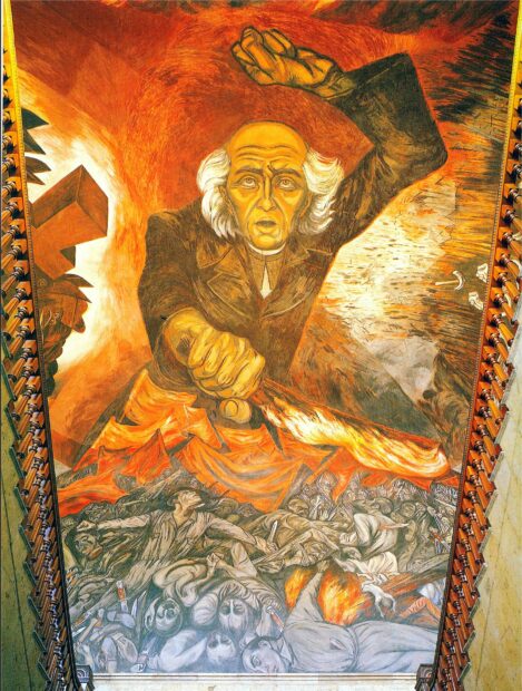 Photo of a ceiling mural depicting the Mexican hero Hidalgo taking up arms against the Spanish government for Mexican Independence