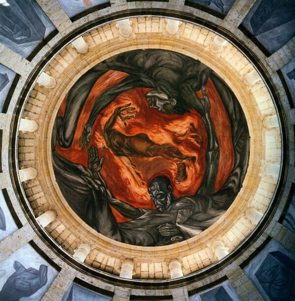 Photo of the central dome of an Orozco mural in Guadalajara that shows a man being swallowed into the fiery depths of hell