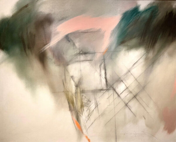 Abstract painting with light, muted, pastel colors and thin outlines of geometric forms