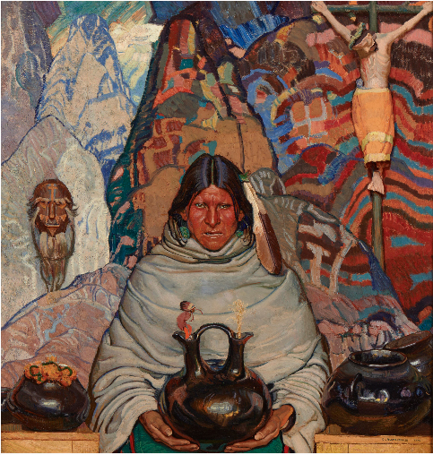 Painting of a Native American person holding a vessel in front of a textured and patterned background