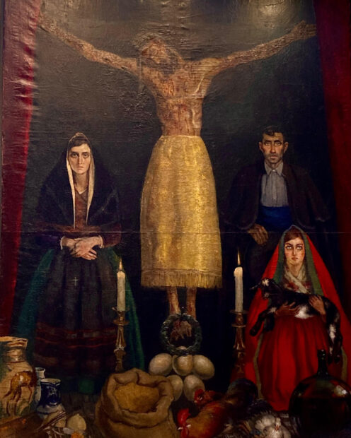 Classical painting of an ofrenda with Christ on the cross and three parishioners painted on each side of the cross