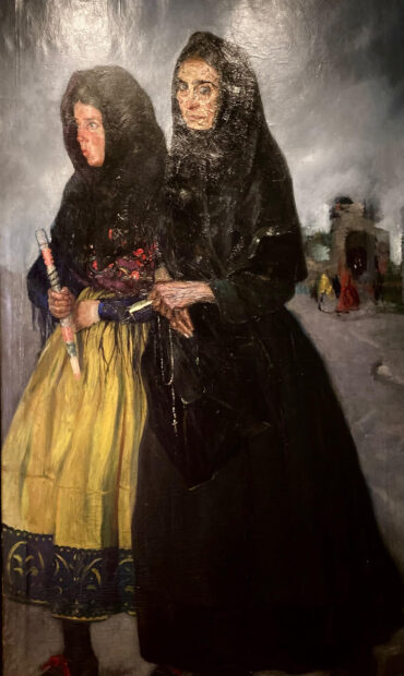 Oil painting of two grieving women, a younger one wears a yellow skirt