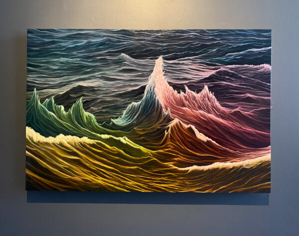 A painting by Adam Fung of undulating ocean waters. The water is saturated with vibrant colors of pink, yellow, orange, green, blue, and purple. 