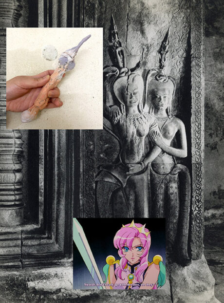 A digital collage by Adrianna Touch that includes images of an ancient Indian artifact, an anime character with text that reads, "Swords don't really go with dresses, do they?" and a photograph of a hand holding a small organic sculpture.