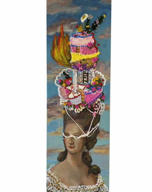 A classical, mixed media painting of a portrait of a woman in 3/4 pose with elaborately high hair that has cake, icing, a cactus, and fried egg on top