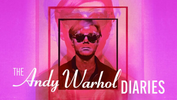 A graphic depicting a photo of Andy Warhol, overlaid with the text "The Andy Warhol Diaries"