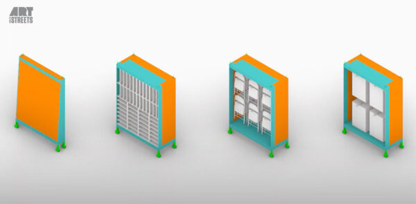 A digital rendering of four modular components designed by Wang Architects. The item on the left serves as a moveable wall. The second item is intended for painting storage. The third item is intended for chair storage. And the last item is for materials storage.