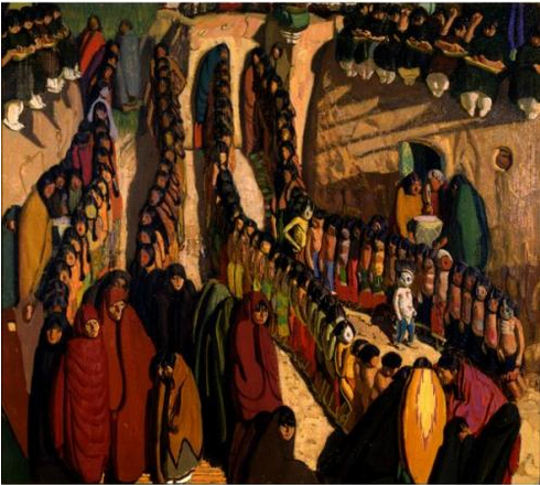 Painting of crowds lining up in a dance
