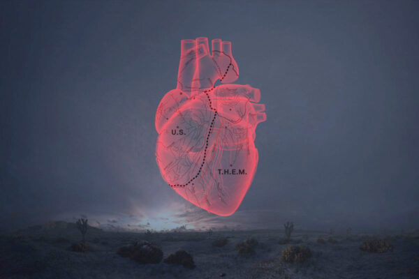A digitally rendered outline of a heart floating over a landscape. more at glasstire.com
