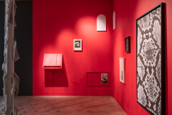 Installation image of work on the walls against a bright red wall