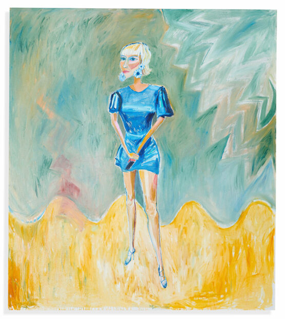 A large, nearly square painting by Cruz Ortiz. In the center of the painting is a female figure. She has short blonde hair and wears large flower earrings. Her angular face is turned to her right and she looks off into the distance. She wears a short sleeve, short blue dress with blue high heels. She stands on a field of yellow and the sky behind her is painted a light teal color.