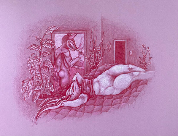 A drawing by Sarah Fox. The artwork is rendered in shades of pink on pink paper and depicts an anthropomorphized female bunny and male wolf. In the foreground the bunny lays on her bed, nude from the waist down. In the background the wolf, who is also nude, brushes his teeth in the bathroom.