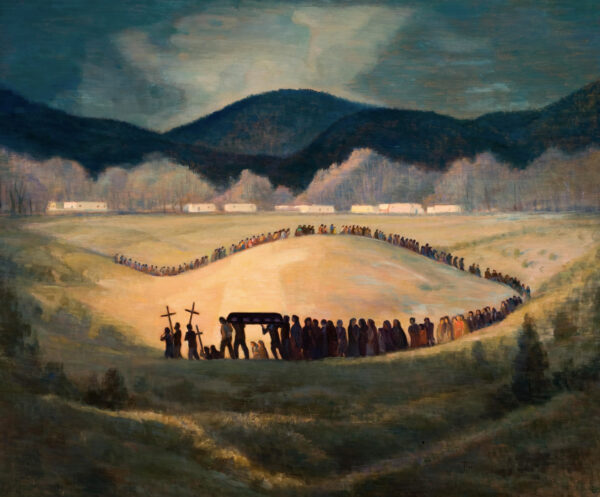 Painting of a funeral procession in the distance of a valley