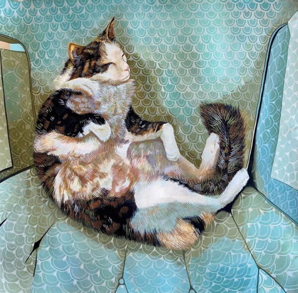 A slightly stylized painting of a calico cat resting on a green chair. Artwork by Isabelle Zimmerman.